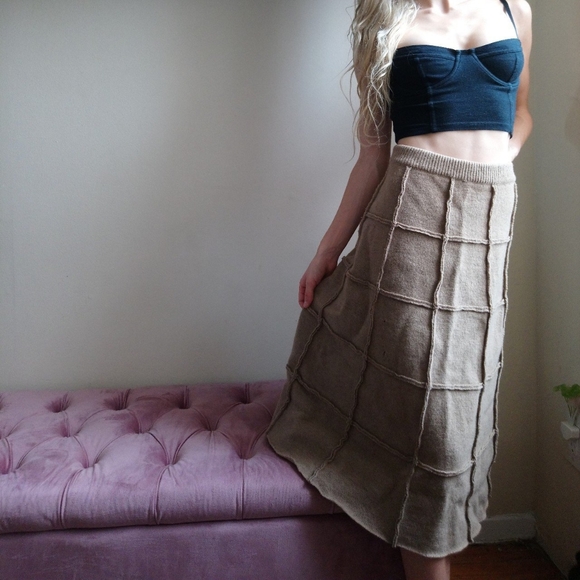 VINTAGE • 70s Wool Mushroom Brown Knit Grid Skirt - Picture 3 of 4